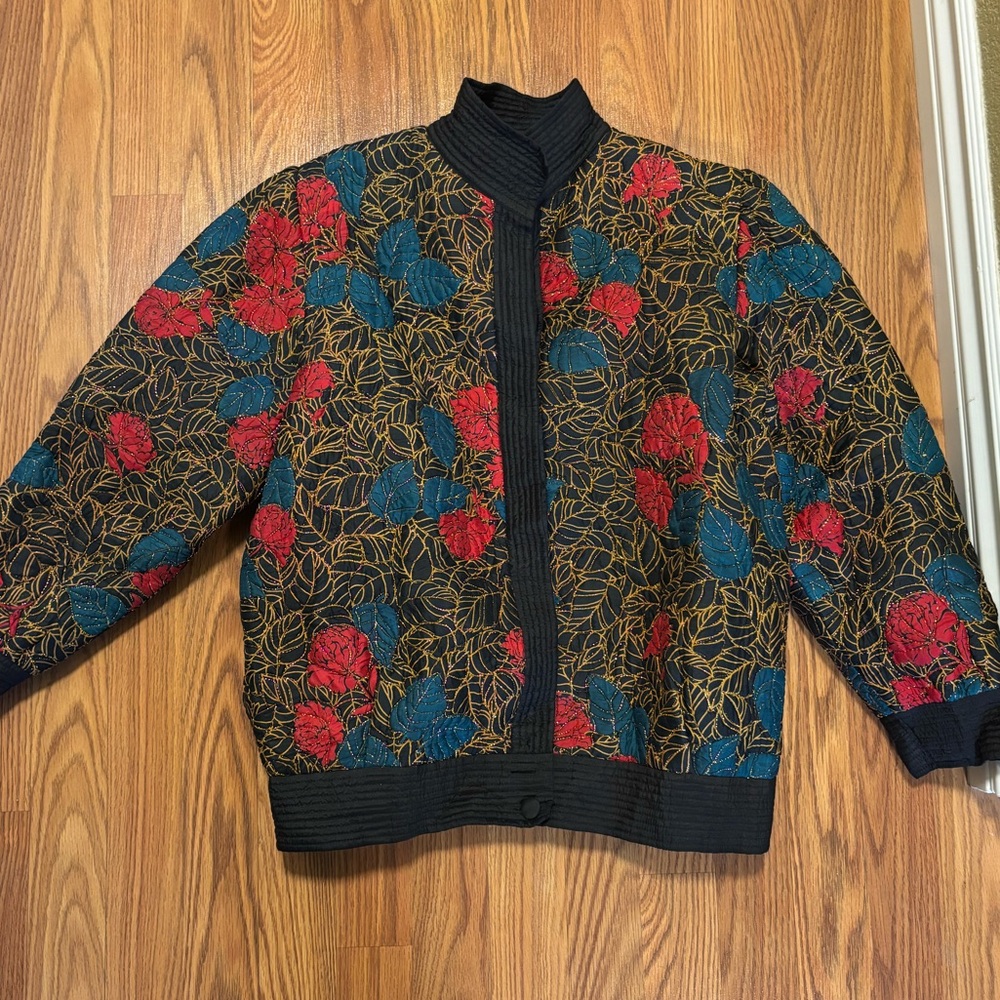 Vintage Multicolor Floral Quilted Bomber Jacket - Black, Red & Teal
